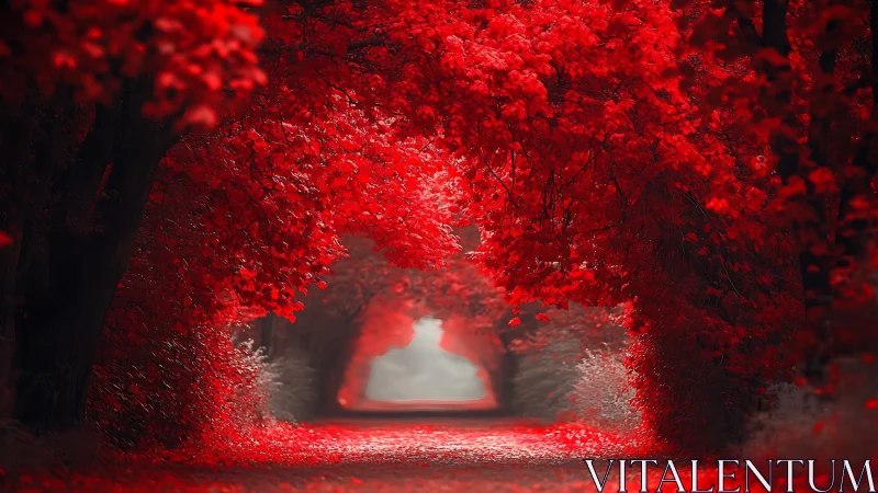 Red Forest Tunnel Perspective: Atmospheric Light Architecture.