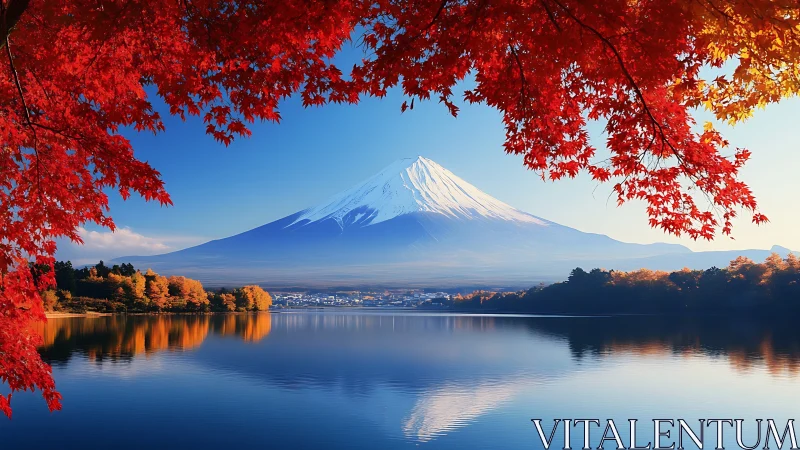 Mount Fuji framed by autumn maple foliage over calm lake