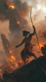 Warrior strides through burning temple city amid falling embers