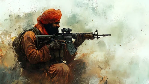 Steady soldier in orange turban takes calm aim in dust