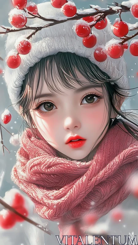 Winter girl with rosy scarf and berries in gentle snowfall.