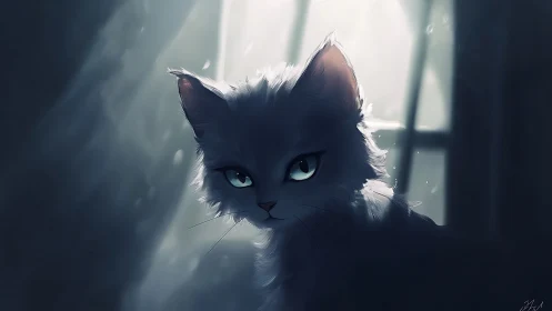 Moonlit white cat studies viewer through soft window glow.