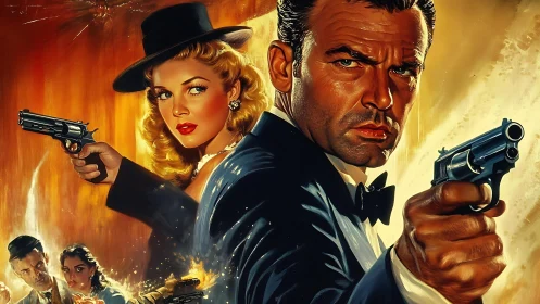 Neo-noir gun duel portrait renders high-gloss cinematic tension