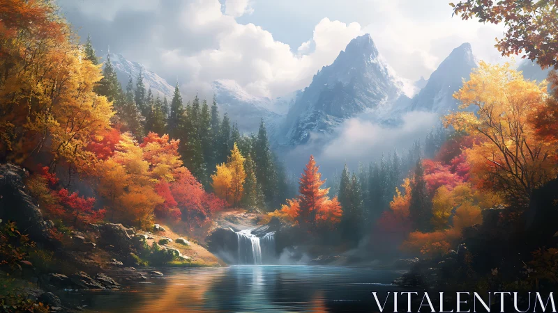 Autumn valley lake beneath misty snowcapped peaks panorama.