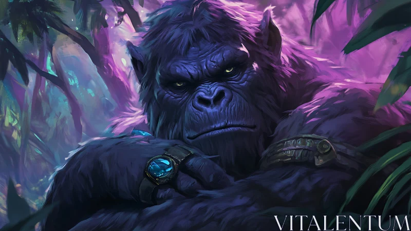 Gentle jungle titan resting under neon twilight skies.