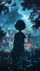 Solitary silhouette above neon city under twilight sky.