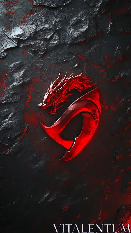 Red metallic dragon emblem on dark textured surface.