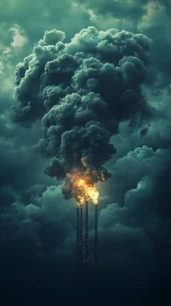 Flaming industrial chimneys emit dense billowing smoke