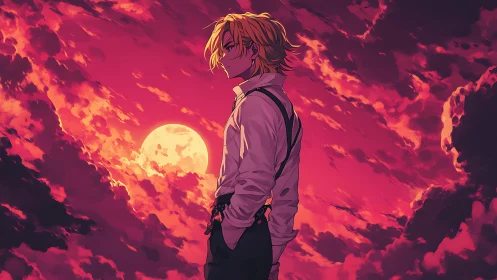 Lone blond figure contemplates under a fiery crimson moon.