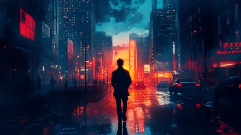 Lone figure crosses neon city street in cinematic twilight.