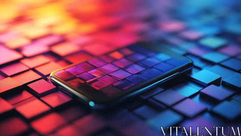 Modern smartphone on abstract colorful tiles, digital art style.