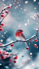 Small bird perches on snowy berry branch during light snowfall