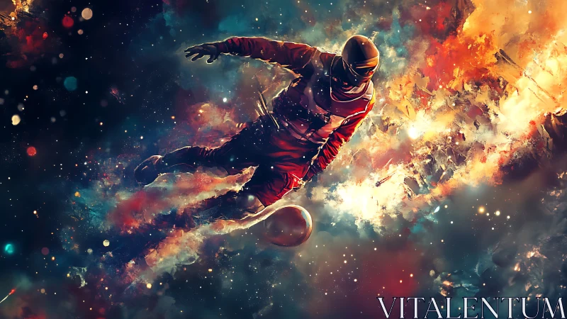 Astronaut drifts through a vibrant cosmic nebula in motion