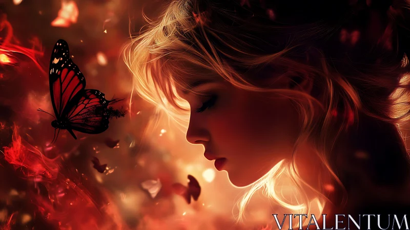 Luminous profile portrait with ember-lit butterfly encounter.
