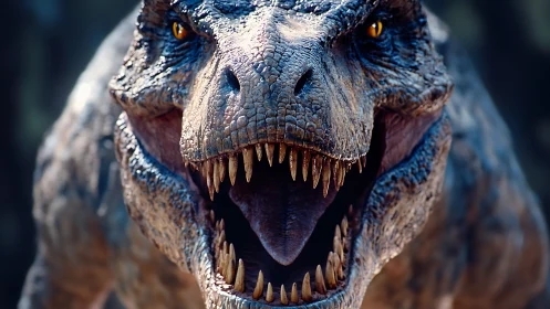 Close frontal rendering of roaring Tyrannosaurus rex head