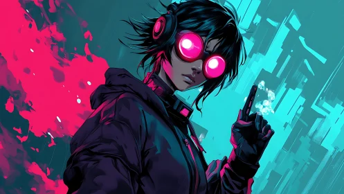 Cyber figure with neon goggles in abstract cityscape.