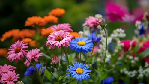 Garden flowers in bloom, colorful daisies and dahlias.