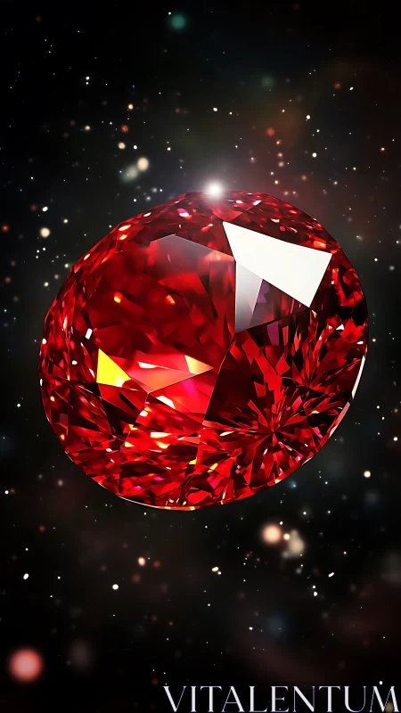Radiant red gemstone drifts through a luminous cosmic void.