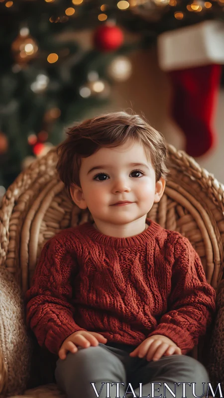 Toddler in Warm Knit Sweater Posed with Woven Chair Backdrop