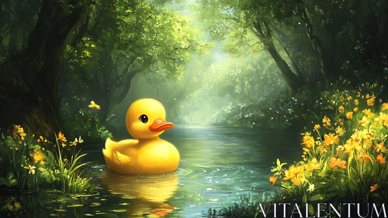 Rubber duck drifts through luminous forest stream in profile