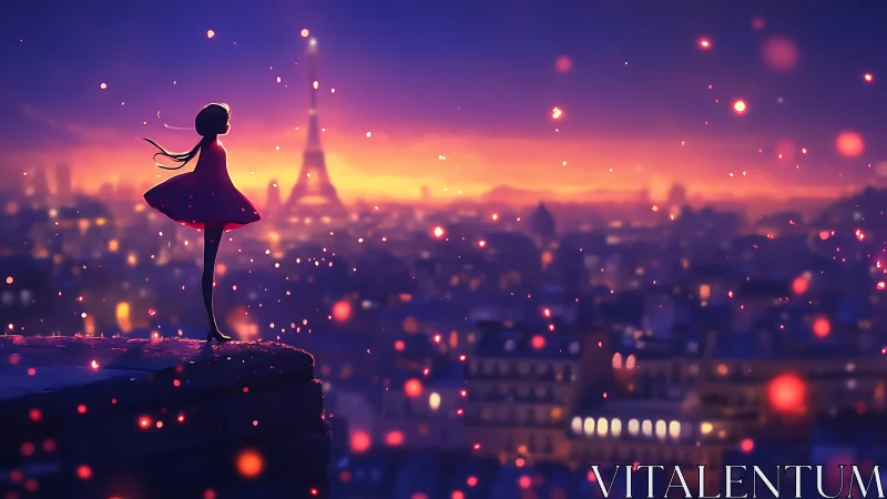 Silhouetted figure stands above illuminated Paris skyline
