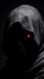 Hooded figure with single illuminated red eye in darkness