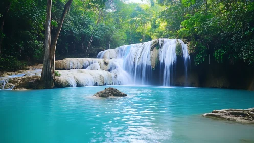 Turquoise jungle waterfall whispers over sleeping stone