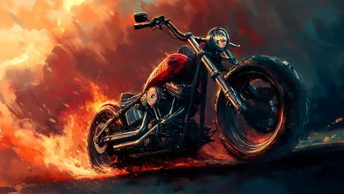 Custom bobber motorcycle in fiery cinematic motion blur scene