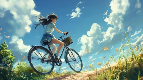 Cyclist Riding Through Rural Landscape with Wildflowers