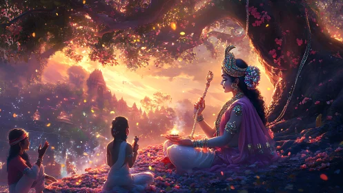 Divine twilight worship beneath a flowering sacred tree.