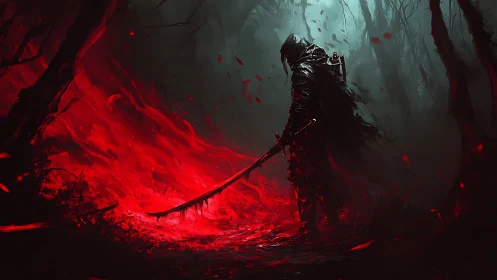 Hooded swordsman stands in red mist within dark forest.