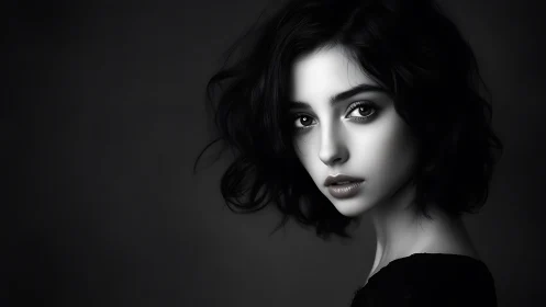 Monochrome digital portrait of young woman in profile.