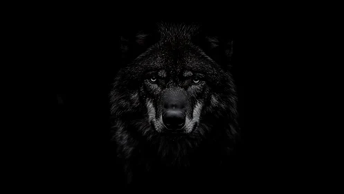 Midnight-eyed black wolf emerging from a cathedral of dark.