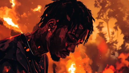 Digital portrait of man before intense orange fire glow.