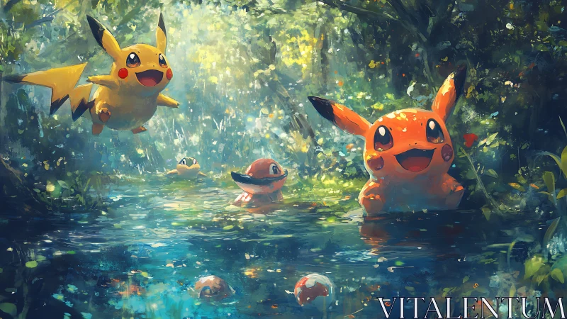 Electric mascots playing in luminous forest creek environment