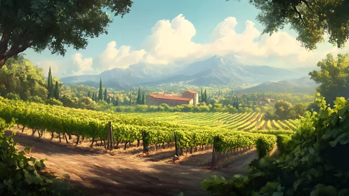 Sunlit hillside vineyard recedes toward distant blue mountains