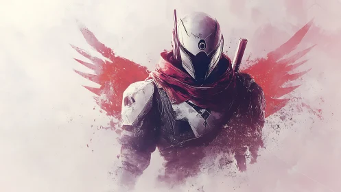 Armored sci fi sentinel with red energy wings in mist