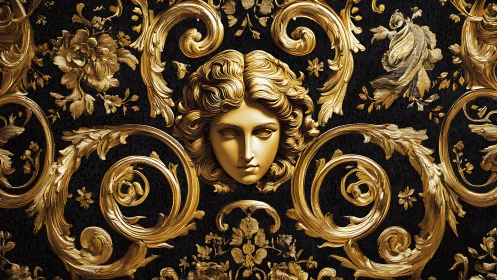 Baroque gold relief portrait emerges from ornate scrollwork