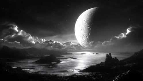 Monochrome extraterrestrial seascape under enlarged cratered moon