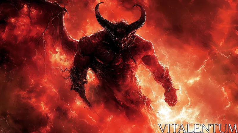 Horned demon strides through blazing inferno in vivid detail.