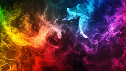 Colorful swirling smoke waves on dark abstract background.