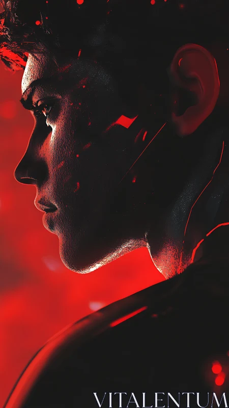Brooding cybernetic profile glows against searing red light