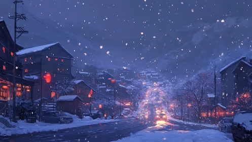 Snow covered town street at night with illuminated houses.