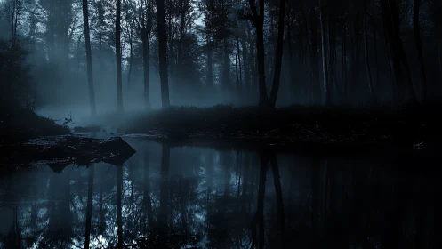 Foggy forest pond reflects tall trees in low blue light
