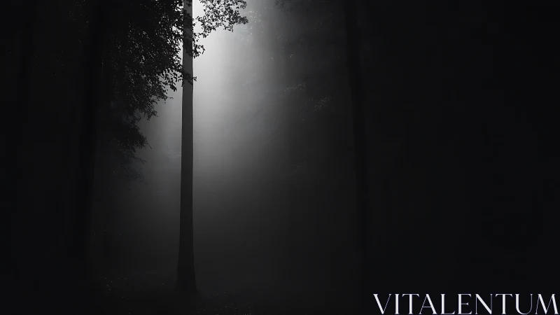 Tall tree with mist in forest corridor.