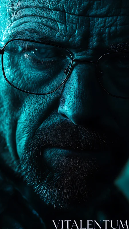 Intense close-up portrait of older man in blue light.