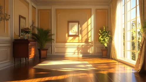 Sunlit neoclassical living room with golden wall panels.