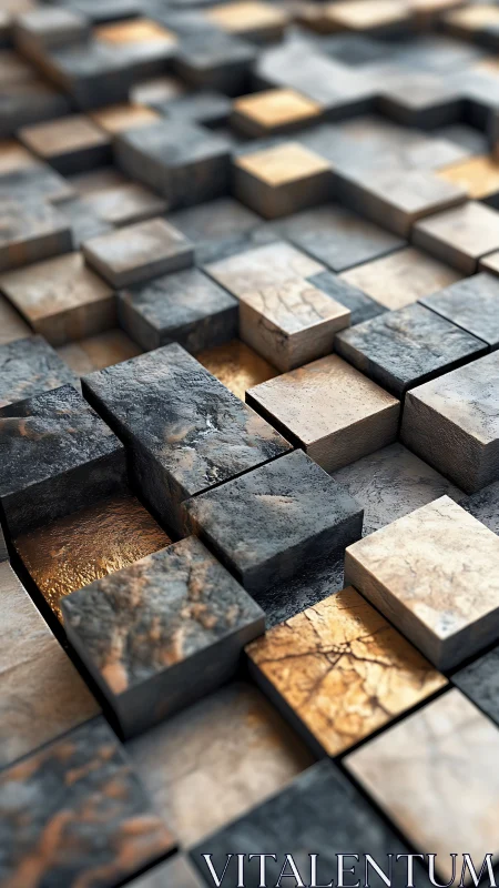 Warm stone cubes with golden light and gentle depth.