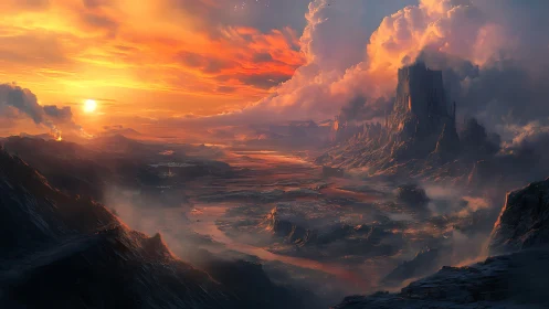 Ember rivers wind beneath stormlit citadel at burning dusk.