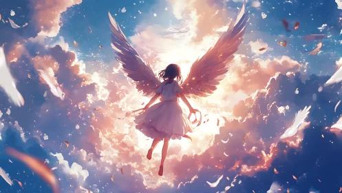 Soaring angelic silhouette framed by radiant sunset clouds.